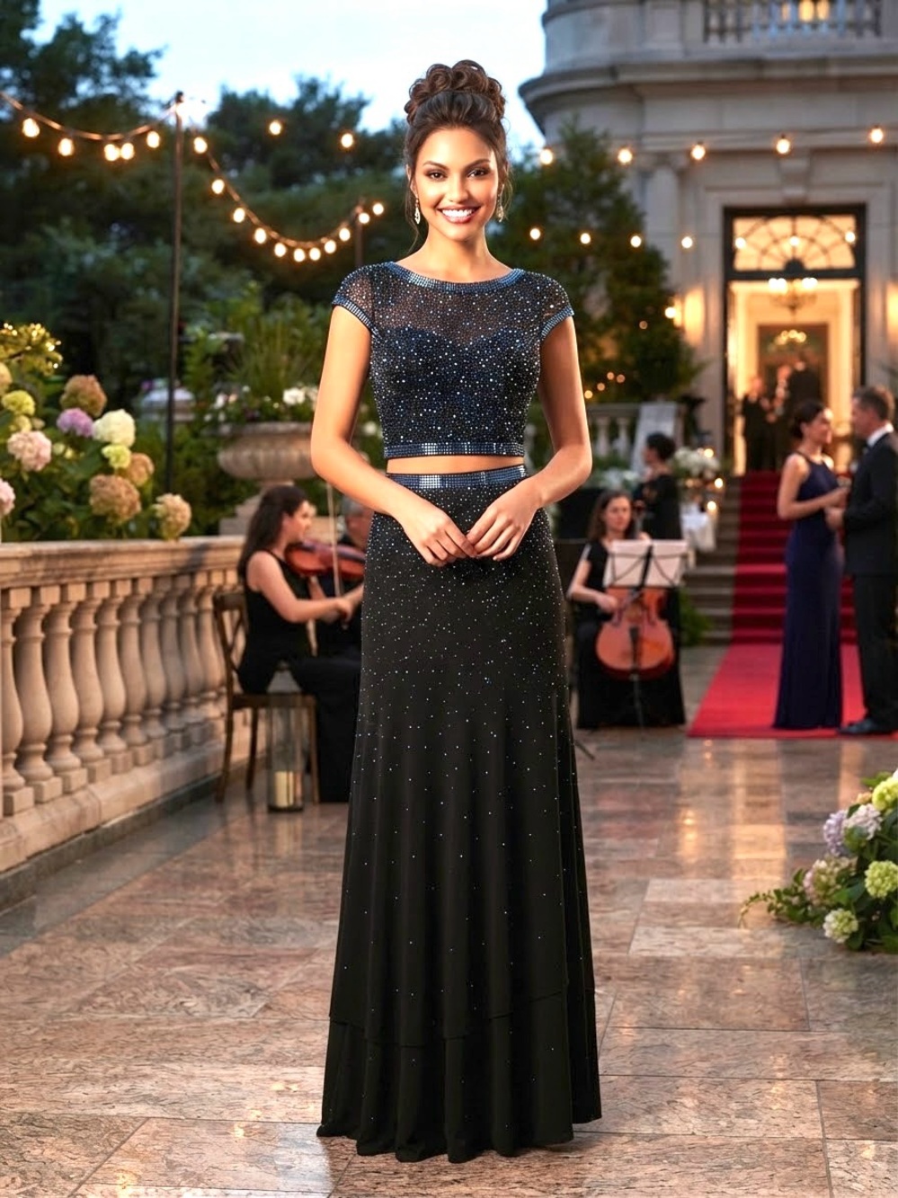 JVN by Jovani Black Beaded Two-Piece Evening Skirt Set